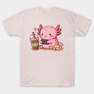 cute axolotl enjoying games and boba T-Shirt